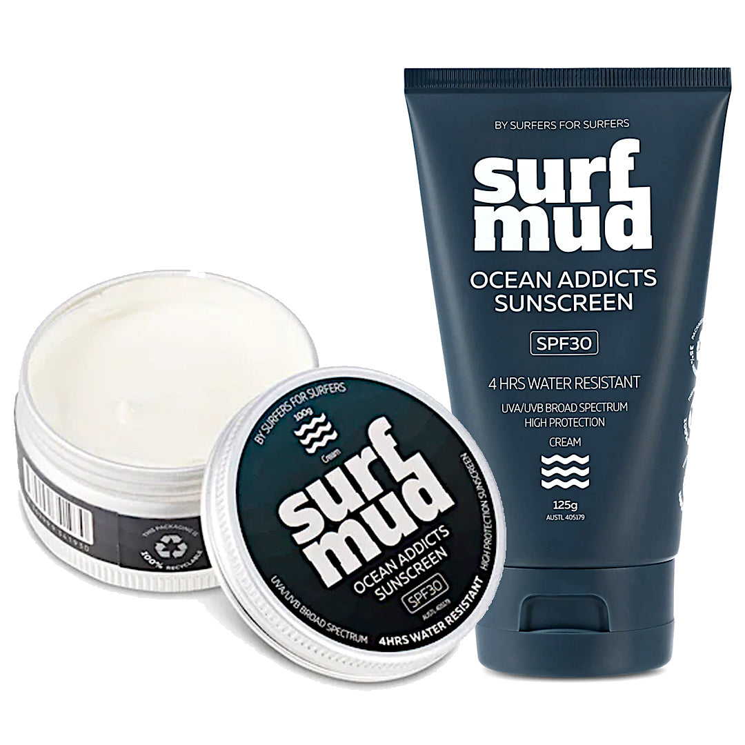 Pack de Protección Solar SURFMUD lata de Crema Oceans Addict 30SPF de 100g + Sunscreen 30SPF de 125g