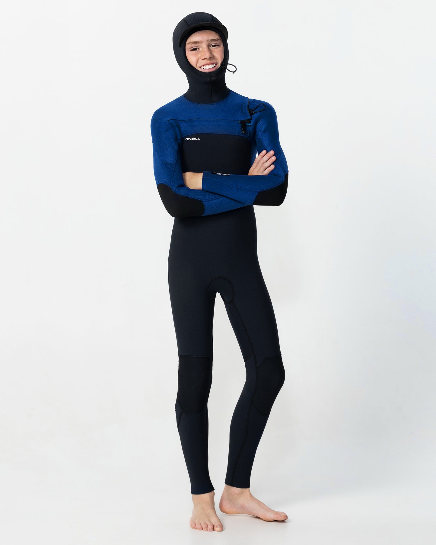 Traje de Surf niño YTH HYPERFREAK 5/4MM con gorro y cierre frontal negro y azul